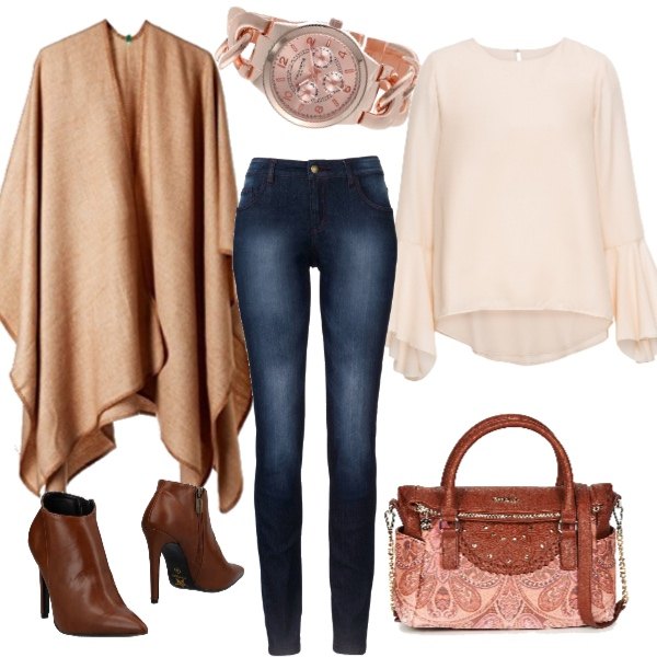 Outfit donna - Trendy. Stile Trendy per Ufficio. Abbinamento con jeans skinny, blusa, stivaletti con zip a punta tinta unita, borsetta marrone, poncio taglia unica marrone, orologio analogico oro e rosa.