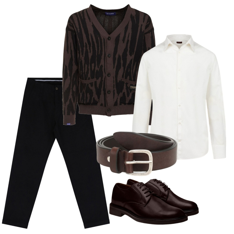 Outfit uomo - Coordinato perfetto. Stile Trendy per Serata speciale. Abbinamento con cinture, pantaloni chino, camicie, cardigans, scarpe stringate.
