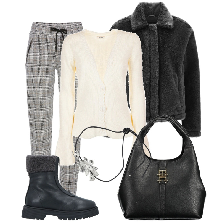 Outfit donna - Classico.2. Stile Casual chic per Serata fuori. Abbinamento con pantaloni, stivaletti, cardigans, cappotti, collane, borse a tracolla.