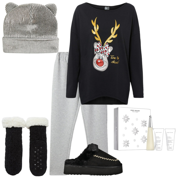 Outfit donna - Vacanze in comodità. Stile Casual per Tutti i giorni. Abbinamento con maglieria, profumi, berretti, pantaloni sportivi, calzini, ciabatte.