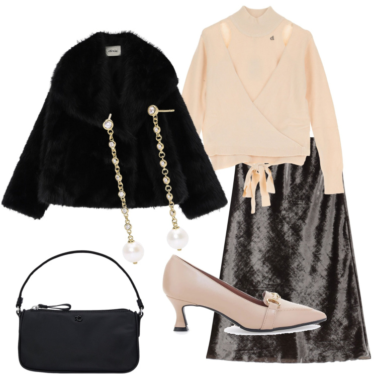 Outfit donna - Dixie. Stile Chic per Serata fuori. Abbinamento con orecchini, maglieria, ecopellicce, gonne lunghe, pochette, décolleté.