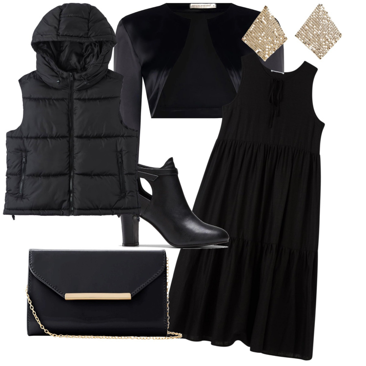 Outfit donna - Lo smanicato versione sera. Stile Glamour per Serata fuori. Abbinamento con stivaletti, pochette, orecchini, piumini, vestiti senza maniche, bolero.