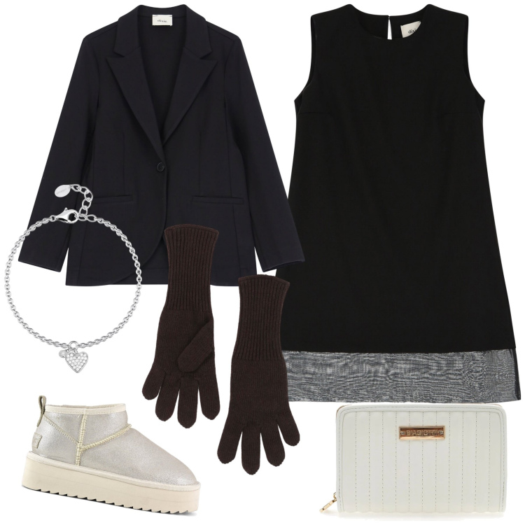 Outfit donna - Un angelo argento un poco dark. Stile Glamour per Serata fuori. Abbinamento con braccialetti con ciondoli, guanti, vestiti corti, blazer, stivaletti, portafogli.