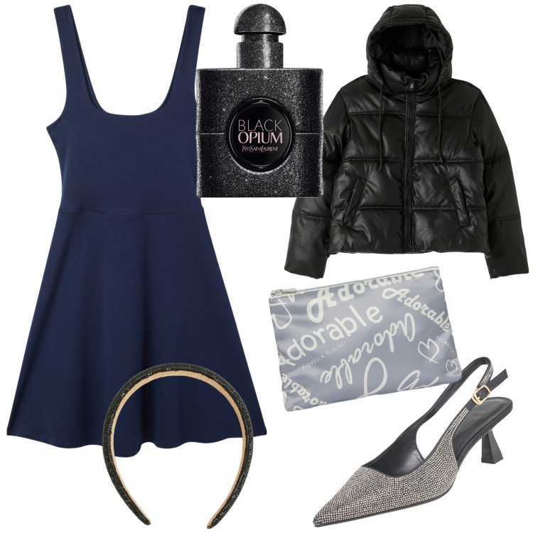 Outfit donna - Pronta per il veglione. Stile Glamour per Serata fuori. Abbinamento con profumi, vestiti, cerchietti, décolleté, piumini, pochette.
