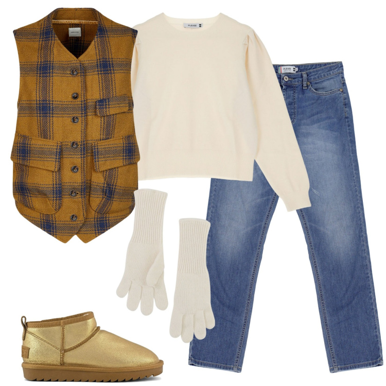 Outfit donna - Palle di neve. Stile Casual per Tutti i giorni. Abbinamento con jeans dritti, pullovers, guanti, gilet, stivali.