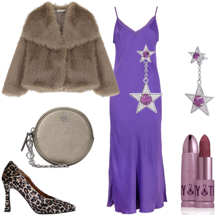 Outfit donna - Il viola porte bonheur. Stile Trendy per Serata fuori. Abbinamento con rossetti, orecchini, vestiti lunghi, décolleté, ecopellicce, pochette.