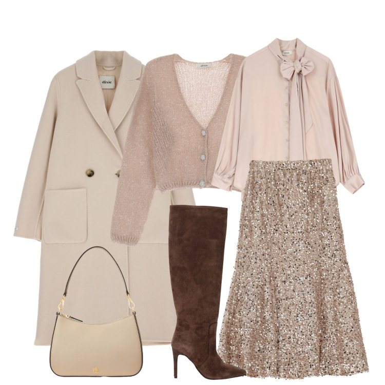 Outfit donna - Total look #2019222. Stile Chic per Serata fuori. Abbinamento con borse a spalla, cappotti, gonne longuette, stivali, cardigans, camicie.