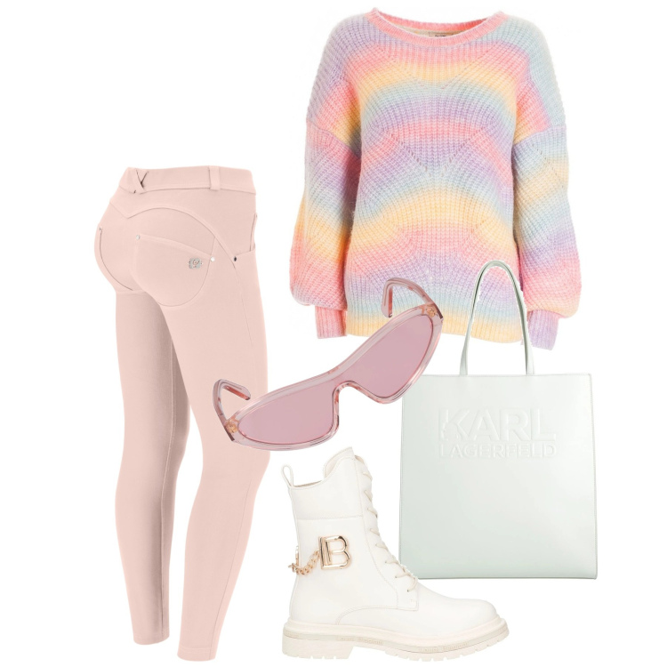 Outfit donna - Soft colors. Stile Casual per Tutti i giorni. Abbinamento con anfibi, borse a mano, maglieria, pantaloni skinny, occhiali da sole.