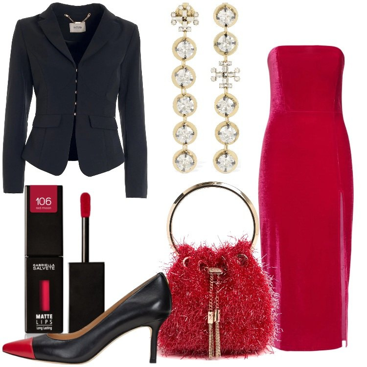 Outfit donna - Velvet elegance. Stile Glamour per Serata fuori. Abbinamento con rossetti, blazer, décolleté, vestiti midi/longuette, borse a spalla, orecchini.