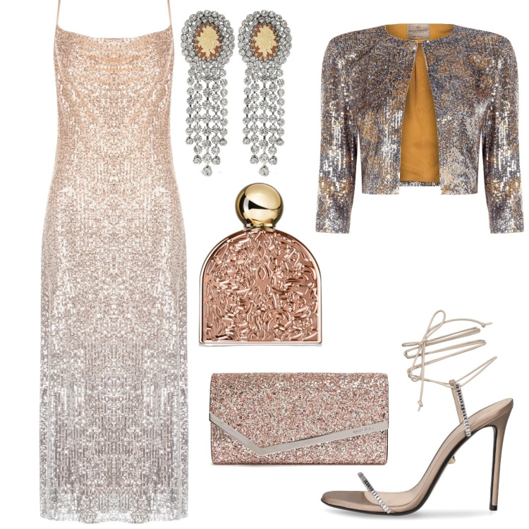 Outfit donna - Slip dress paillettes rosa sfumato. Stile Chic per Serata fuori. Abbinamento con profumi, vestiti lunghi, blazer, pochette, orecchini, sandali col tacco.