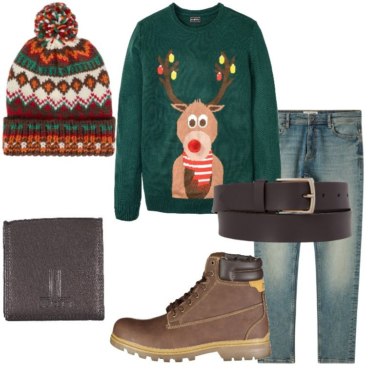 Outfit uomo - Shopping natalizio. Stile Casual per Tutti i giorni. Abbinamento con maglieria, jeans skinny, berretti, cinture, stivali, portamonete.