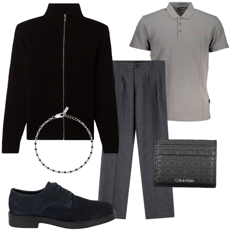 Outfit uomo - Total look #2019232. Stile Trendy per Tutti i giorni. Abbinamento con cardigans, braccialetti, pantaloni, portafogli, scarpe stringate, polo.