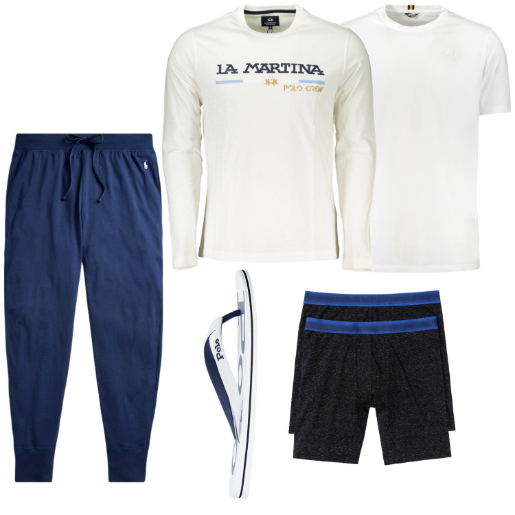 Outfit uomo - Blu notte. Stile Casual per Tutti i giorni. Abbinamento con boxer, pantaloni, sandali, t-shirt, t-shirt.