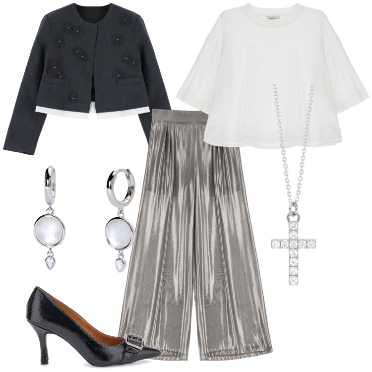 Outfit donna - Brillare. Stile Glamour per Serata fuori. Abbinamento con orecchini, collane, pantaloni a palazzo, maglieria, blazer, décolleté.