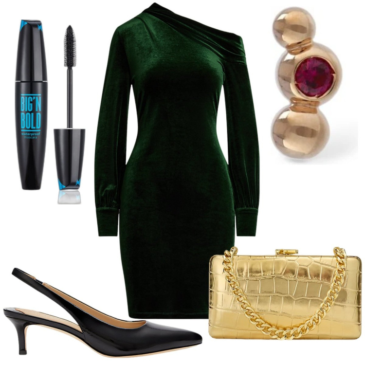 Outfit donna - Velvet elegance : chic a Natale. Stile Chic per Serata fuori. Abbinamento con mascara, vestiti asimmetrici, clutch, décolleté, orecchini.