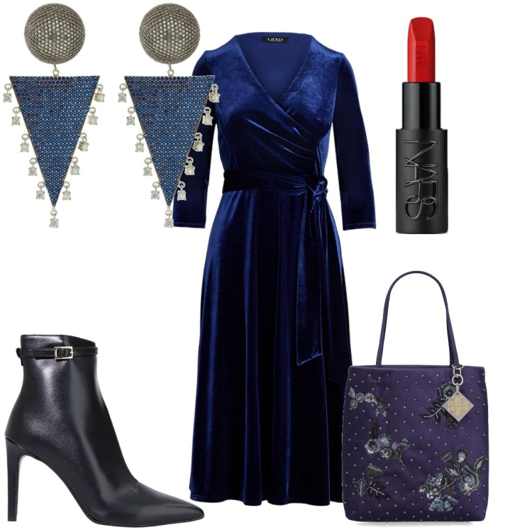 Outfit donna - Velvet elegance: blu a Natale. Stile Chic per Serata fuori. Abbinamento con rossetti, stivaletti, vestiti, borse a mano, orecchini.