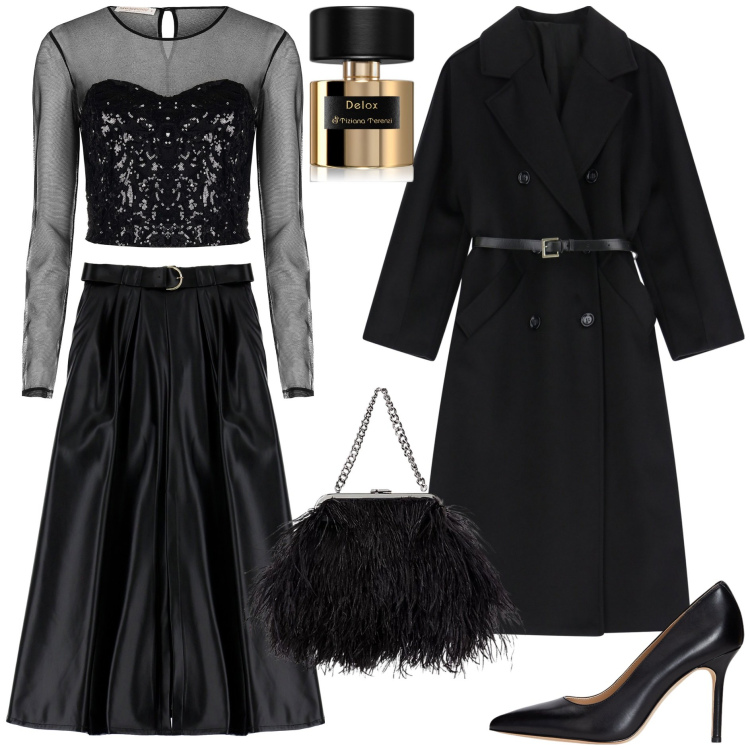 Outfit donna - Paillettes - @pamela. Stile Glamour per Serata fuori. Abbinamento con profumi, top, gonne lunghe, cappotti, décolleté, clutch.