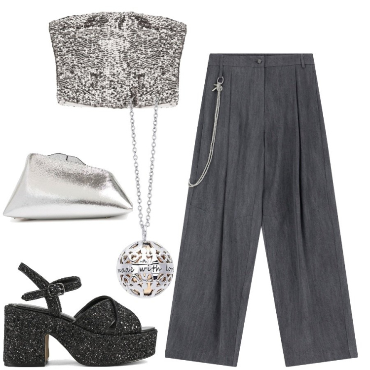 Outfit donna - Feste Glam. Stile Glamour per Serata fuori. Abbinamento con collane, top, pantaloni, sandali, pochette.