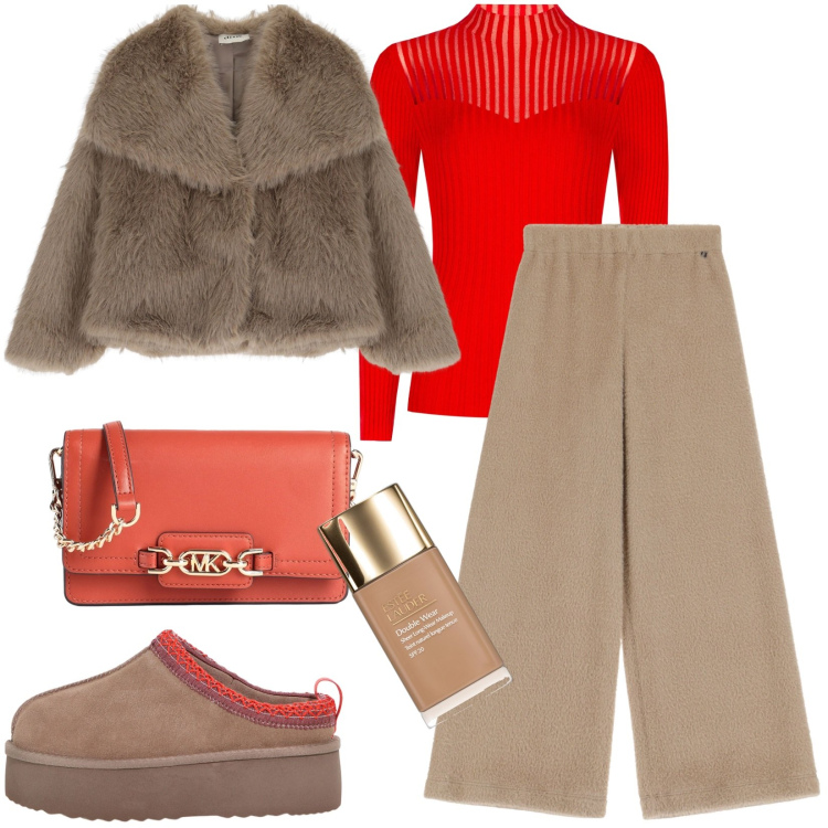 Outfit donna - Un tocco di originalità. Stile Casual per Tutti i giorni. Abbinamento con borse a tracolla, fondotinta, maglieria, ecopellicce, sabot, pantaloni.