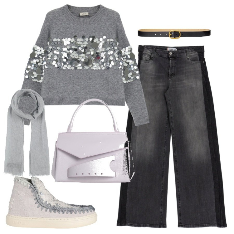 Outfit donna - Suggestione in grigio per le feste. Stile Chic per Tutti i giorni. Abbinamento con stivaletti, sciarpe, borse a mano, jeans, pullovers, cinture.