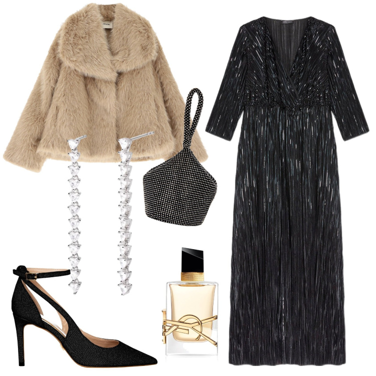 Outfit donna - Come una diva. Stile Glamour per Serata fuori. Abbinamento con profumi, ecopellicce, orecchini, pochette, décolleté, vestiti lunghi.