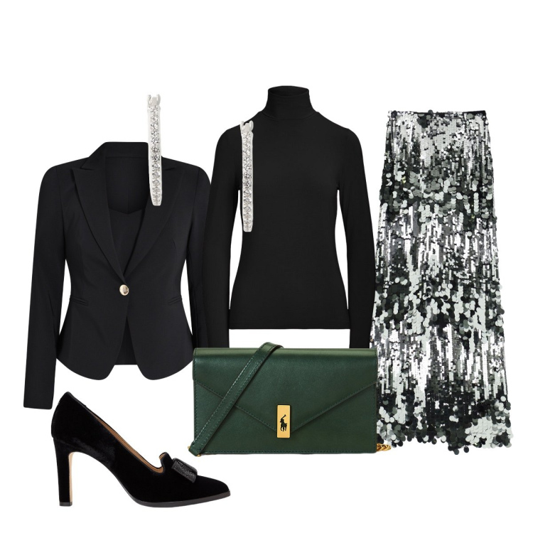 Outfit donna - Contrasto elegante. Stile Chic per Serata fuori. Abbinamento con blazer, gonne lunghe, top, clutch, décolleté, orecchini.