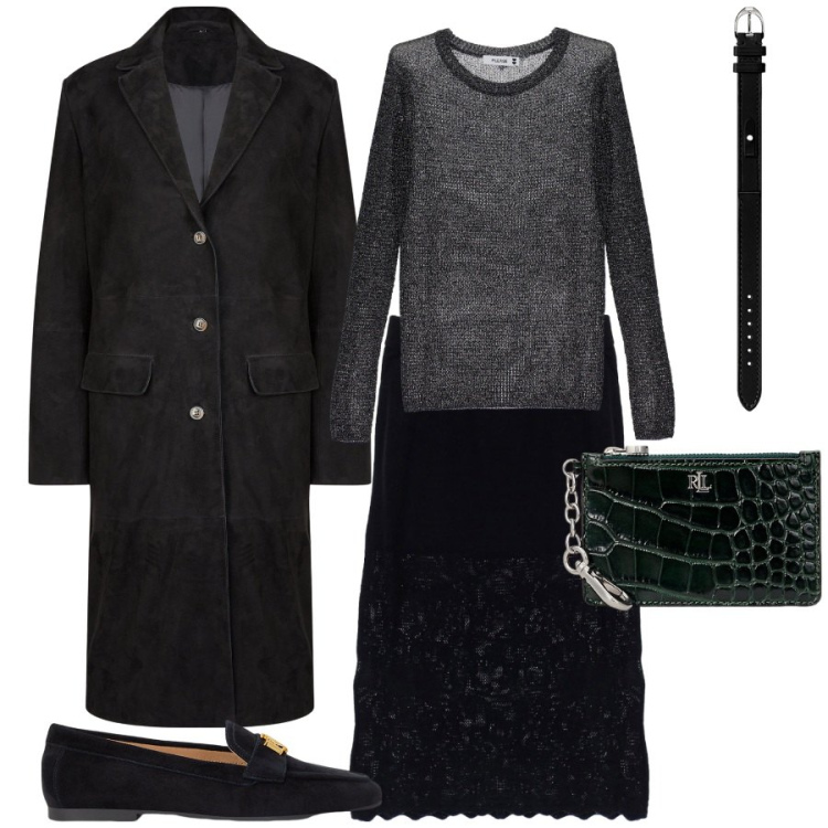 Outfit donna - Sorprese sotto l\'albero. Stile Chic per Tutti i giorni. Abbinamento con pullovers, gonne, mocassini, orologi, portafogli, cappotti.
