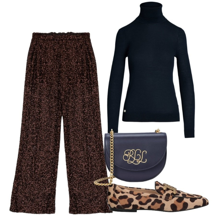 Outfit donna - Insolito mix marrone e blue. Stile Chic per Ufficio. Abbinamento con mocassini, pantaloni a palazzo, maglieria, borse a tracolla.