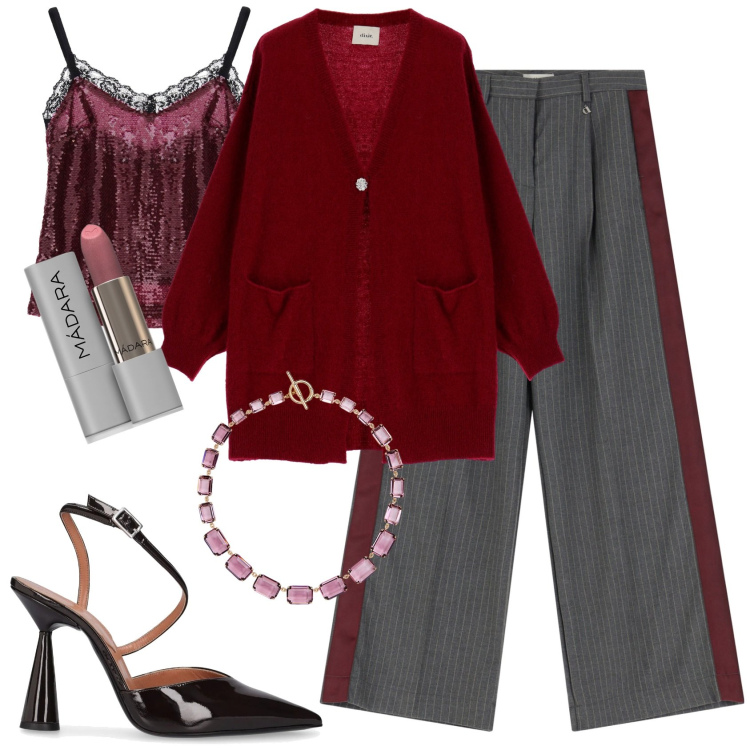 Outfit donna - Pranzo festivo. Stile Chic per Tutti i giorni. Abbinamento con rossetti, canottiere, collane, pantaloni a palazzo, cardigans, décolleté.
