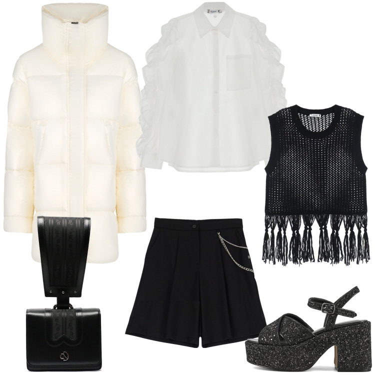 Outfit donna - Unconventional Christmas. Stile Glamour per Tutti i giorni. Abbinamento con camicie, shorts, maglieria, blazer, borse a mano, sandali.