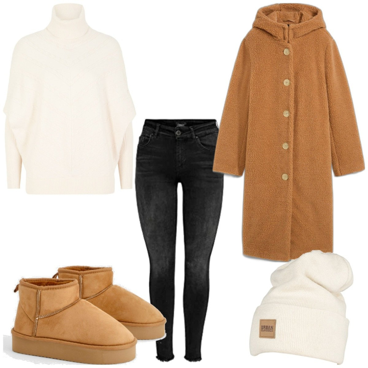 Outfit femme - Cosy sortie. Style Tendance pour Tous les jours. Assortir avec pulls, manteaux, bottines, jean skinny, bonnets.