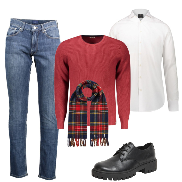 Outfit uomo - In jeans per le feste. Stile Trendy per Tutti i giorni. Abbinamento con scarpe stringate, camicie, sciarpe, jeans slim fit, maglieria.