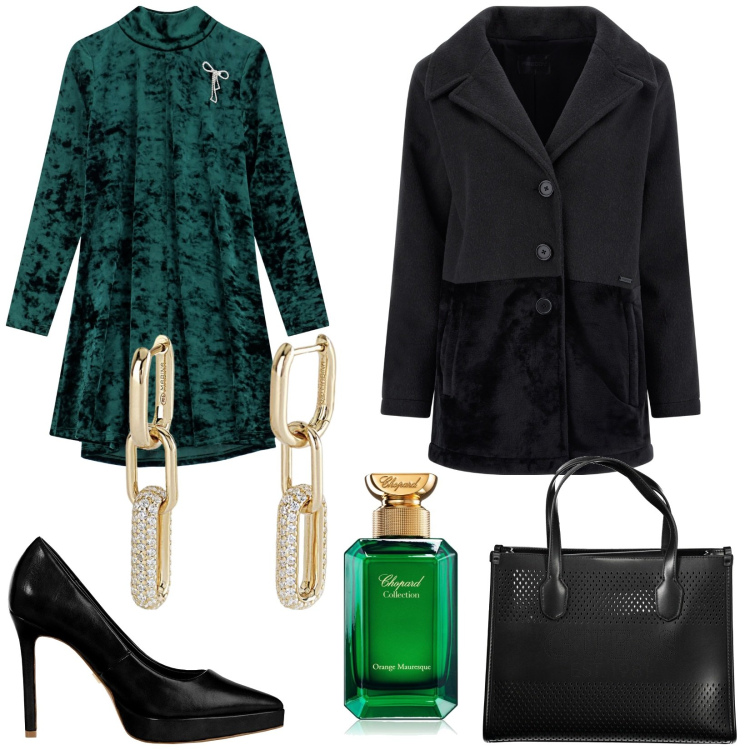 Outfit donna - Velvet elegance. Stile Glamour per Serata fuori. Abbinamento con profumi, orecchini, décolleté, cappotti, vestiti corti, pochette.