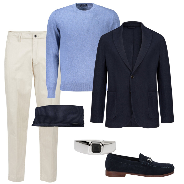 Outfit uomo - Particolari blu. Stile Business/Elegante per Serata speciale. Abbinamento con scarpe stringate, anelli, pantaloni, sciarpe, maglieria, giacche.