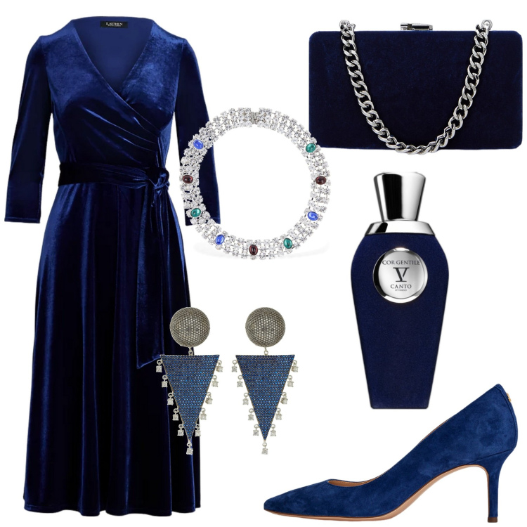 Outfit donna - Notte vellutata. Stile Bon Ton per Serata fuori. Abbinamento con profumi, vestiti, décolleté, clutch, orecchini, collane.