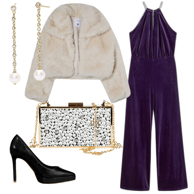 Outfit donna - Elegantissima in velluto. Stile Glamour per Serata fuori. Abbinamento con tute, blazer, orecchini, décolleté, pochette.