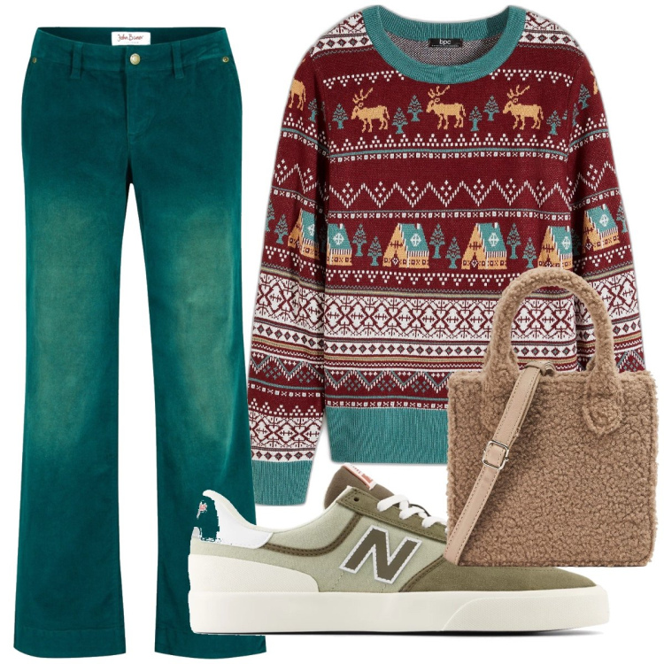 Outfit donna - Green xmas. Abbinamento con pantaloni, maglieria, shopping bag, sneakers.