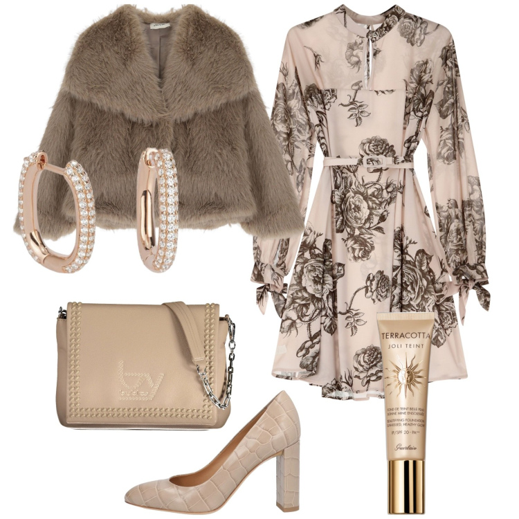 Outfit donna - Cerimonia in dicembre. Stile Chic per Cerimonia. Abbinamento con décolleté, fondotinta, orecchini, vestiti corti, ecopellicce, borse a spalla.