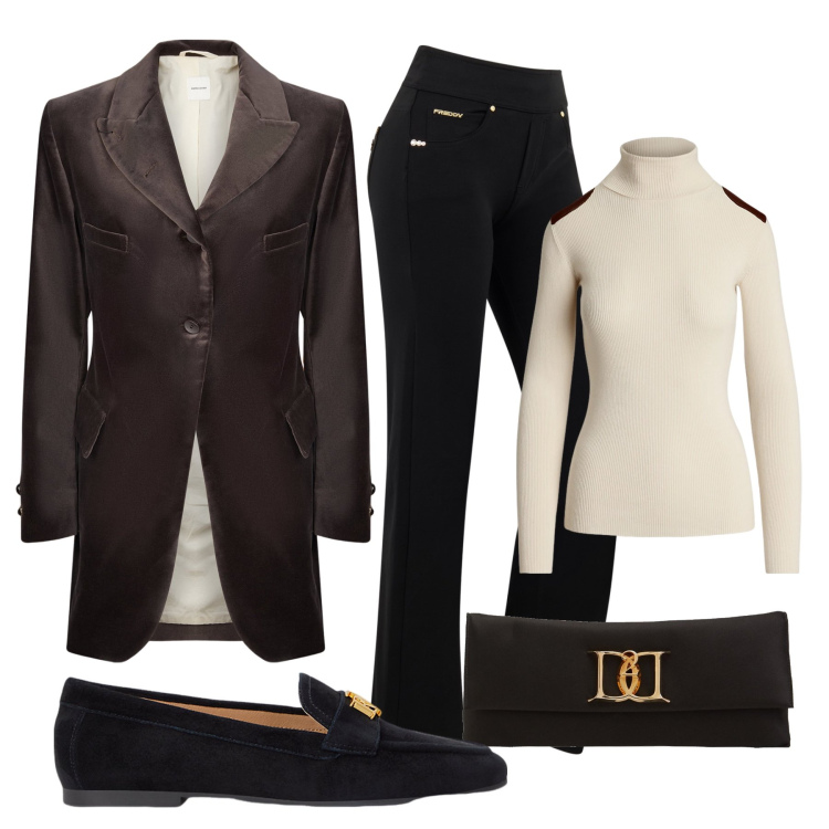 Outfit donna - Total look #2019367. Stile Casual chic per Serata fuori. look ideale per Tall. Abbinamento con pantaloni, maglieria, mocassini, blazer, pochette.