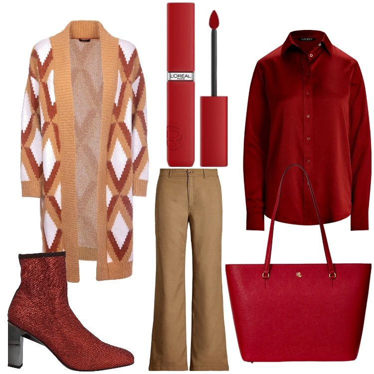 Outfit donna - Un cardigan in ufficio. Stile Casual chic per Ufficio. Abbinamento con stivaletti, rossetti, cardigans, borse tote, pantaloni, camicie.