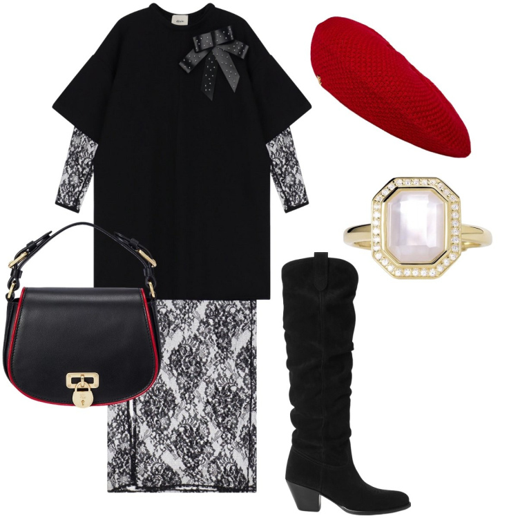 Outfit donna - Fiocco e pizzi. Stile Trendy per Serata fuori. Abbinamento con anelli, vestiti, stivaletti, borse a tracolla, berretti.