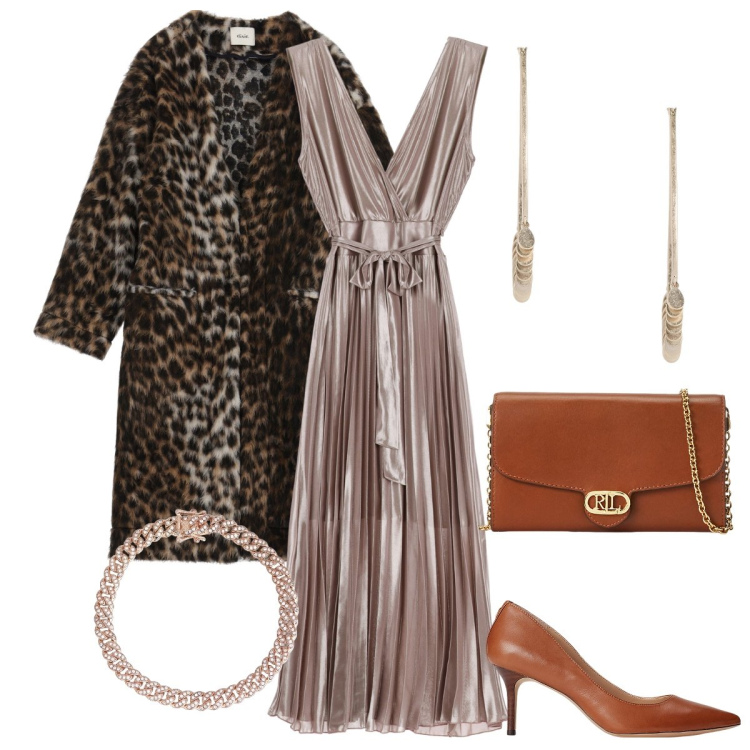 Outfit donna - Non solo leopardato. Stile Glamour per Serata fuori. Abbinamento con braccialetti, cappotti, vestiti midi/longuette, borse a tracolla, décolleté, orecchini.