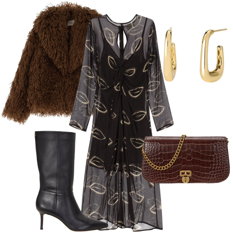 Outfit donna - Trasparenze. Stile Chic per Serata fuori. Abbinamento con orecchini, vestiti, cappotti, stivali, borse a tracolla.