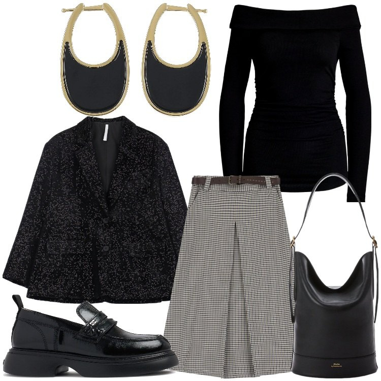 Outfit donna - Mocassini e gonna. Stile Casual chic per Ufficio. Abbinamento con blazer, gonne, borse a secchiello, maglieria, orecchini, mocassini.