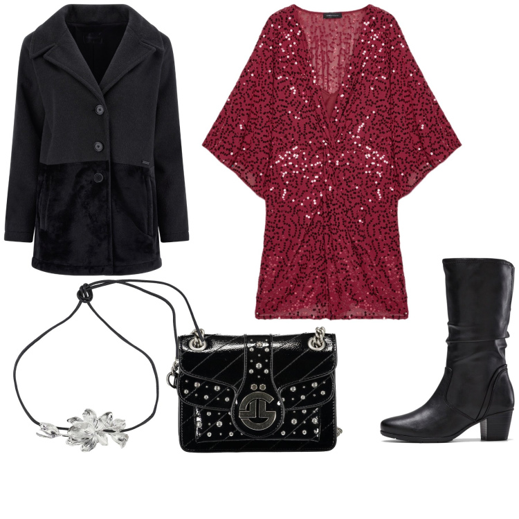 Outfit donna - Total look #2019387. Stile Glamour per Serata fuori. Abbinamento con stivali, cappotti, collane, vestiti, borse a tracolla.