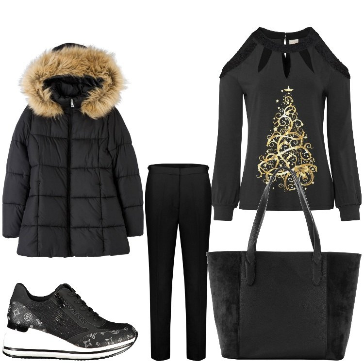 Outfit donna - Buon Natale. Stile Casual chic per Tutti i giorni. Abbinamento con shopping bag, maglieria, piumini, pantaloni, sneakers.