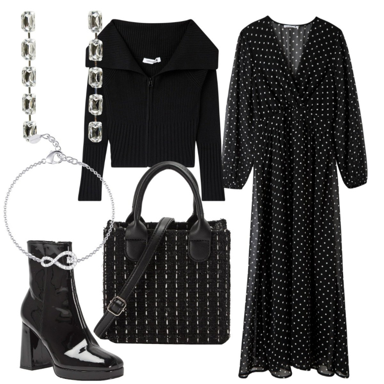 Outfit donna - Il vestito a pois. Stile Chic per Serata fuori. Abbinamento con vestiti lunghi, cardigans, orecchini, stivaletti, shopping bag, braccialetti.