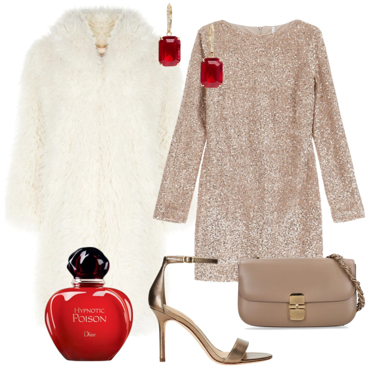 Outfit donna - Brilla di Capodanno. Stile Glamour per Cerimonia. Abbinamento con profumi, vestiti corti, cappotti, sandali in pelle, orecchini, borse a spalla.