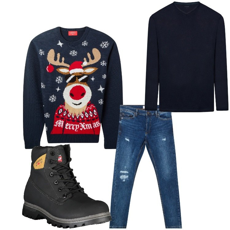 Outfit uomo - Buon Natale. Stile Casual per Tutti i giorni. Abbinamento con jeans strappati, maglieria, t-shirt, stivali.