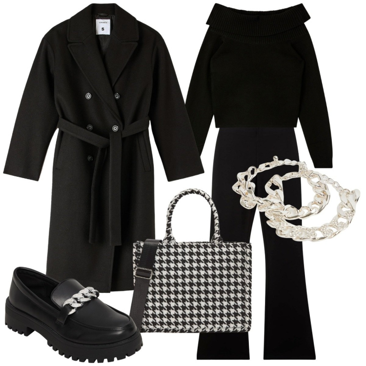 Outfit donna - Ogni giorno ma anche la sera. Stile Minimal per Tutti i giorni. Abbinamento con maglieria, mocassini, pantaloni, braccialetti, shopping bag, cappotti.